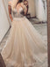 A-line Champagne Tulle Appliques Long Evening Prom Dresses, Deep V Neck Prom Dress, MR8193