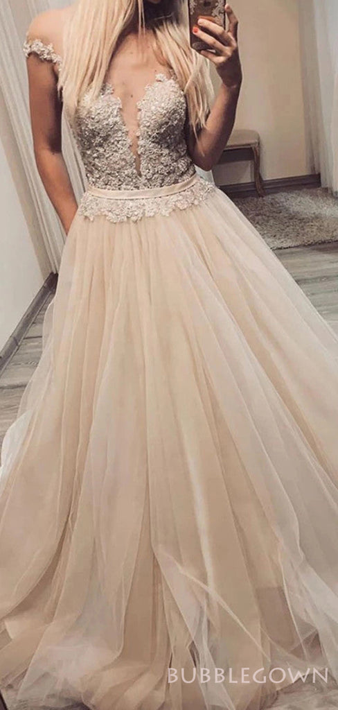 A-line Champagne Tulle Appliques Long Evening Prom Dresses, Deep V Neck Prom Dress, MR8193