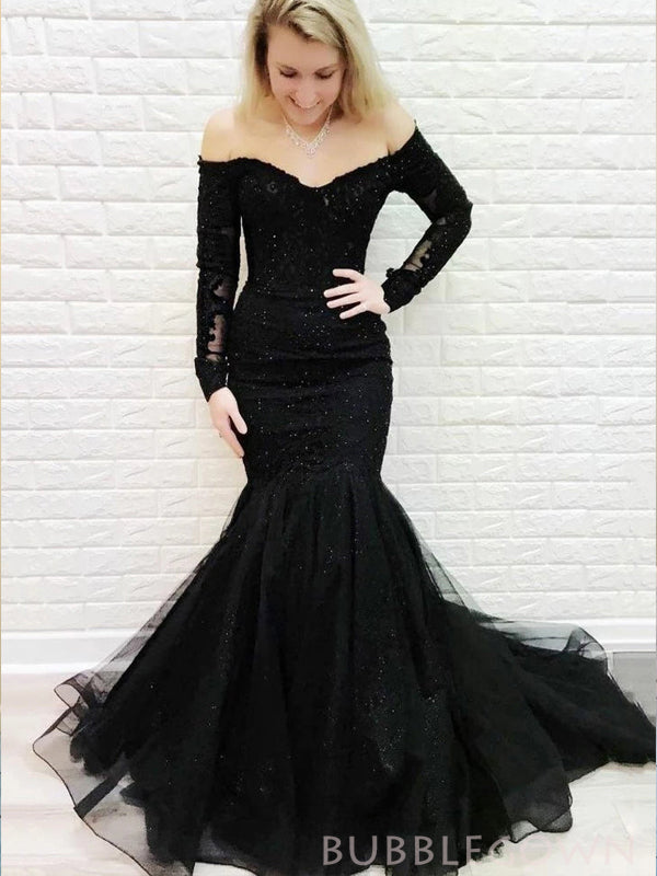 Black Tulle Mermaid Appliques Long Evening Prom Dresses, Off Shoulder Long Sleeves Custom Dress, MR8197