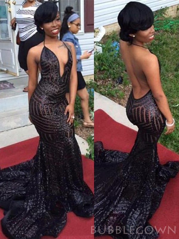 Spaghetti Straps Black Sequin Long Evening Prom Dresses, Mermaid Sparkly Custom Prom Dress, MR8202