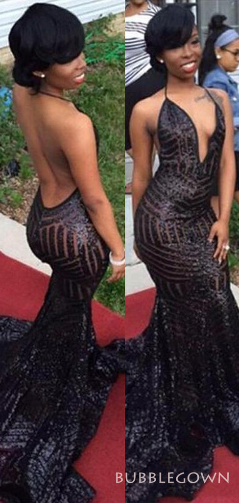 Spaghetti Straps Black Sequin Long Evening Prom Dresses, Mermaid Sparkly Custom Prom Dress, MR8202