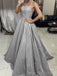 A-line Spaghetti Straps Sparkly Long Evening Prom Dresses, Silver Grey Custom Prom Dress, MR8215