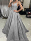 A-line Spaghetti Straps Sparkly Long Evening Prom Dresses, Silver Grey Custom Prom Dress, MR8215