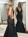 Black Sequin Mermaid Long Evening Prom Dresses, Deep V Neck Sparkly Custom Prom Dress, MR8219