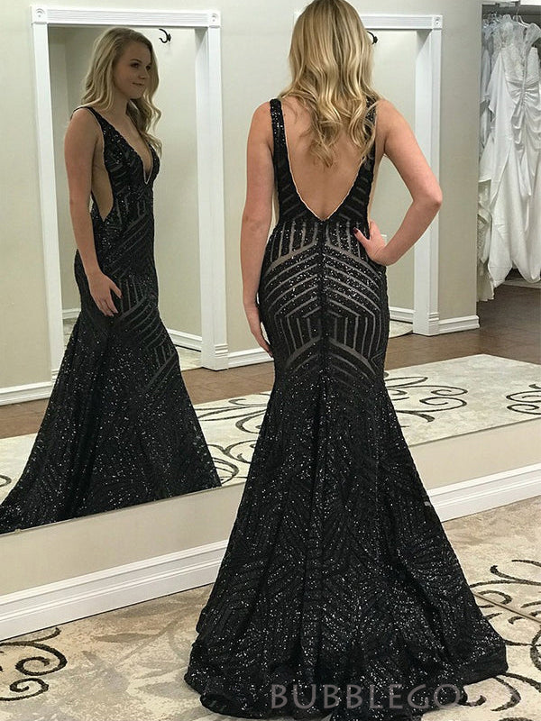 Black Sequin Mermaid Long Evening Prom Dresses, Deep V Neck Sparkly Custom Prom Dress, MR8219