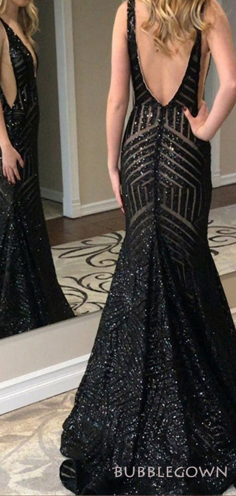 Black Sequin Mermaid Long Evening Prom Dresses, Deep V Neck Sparkly Custom Prom Dress, MR8219