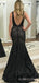 Black Sequin Mermaid Long Evening Prom Dresses, Deep V Neck Sparkly Custom Prom Dress, MR8219