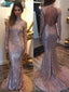 High Neck Rose Gold Long Mermaid Evening Prom Dresses, Long Sleeves Sparkly Custom Prom Dress, MR8227