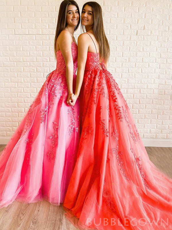 A-line Tulle Appliques Long Evening Prom Dresses, Spaghetti Straps Custom Prom Dress, MR8234