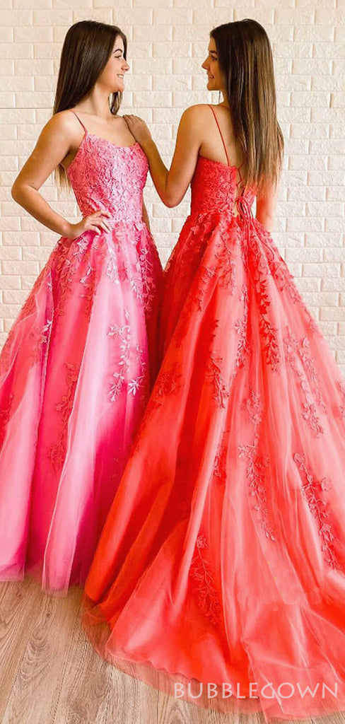 A-line Tulle Appliques Long Evening Prom Dresses, Spaghetti Straps Custom Prom Dress, MR8234