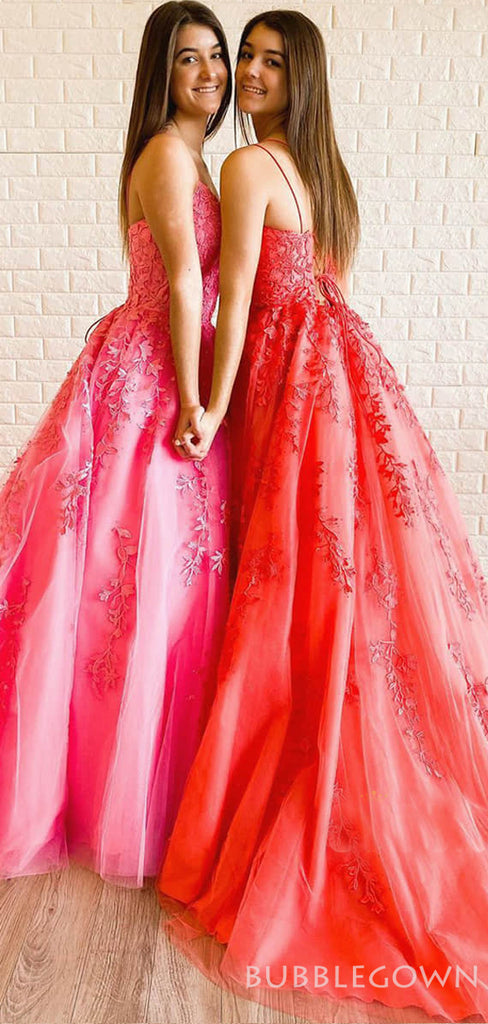 A-line Tulle Appliques Long Evening Prom Dresses, Spaghetti Straps Custom Prom Dress, MR8234