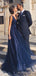 A-line Navy Blue Tulle Sparkly Long Evening Prom Dresses, V Neck Custom Prom Dresses, MR8236