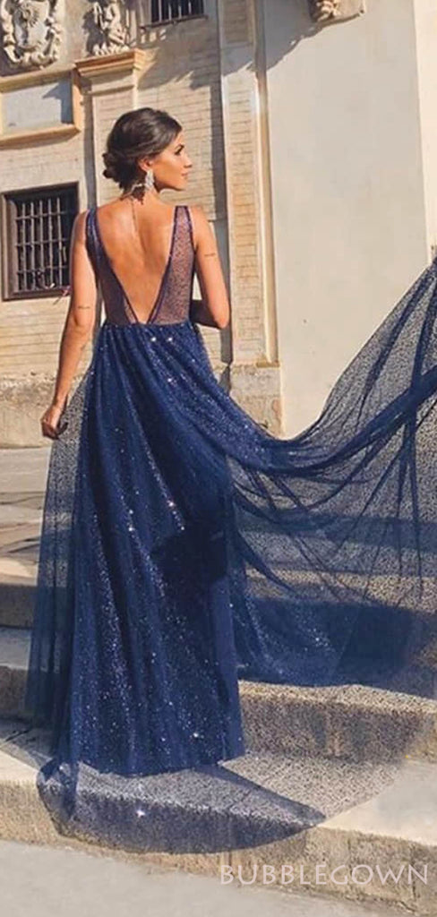 A-line Navy Blue Tulle Sparkly Long Evening Prom Dresses, V Neck Custom Prom Dresses, MR8236