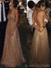 Sexy Backless Gold Sequin Sparkly Long Evening Prom Dresses, A-line Spaghetti Straps Custom Prom Dress, MR8243