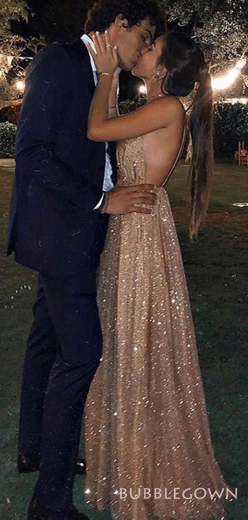 Sexy Backless Gold Sequin Sparkly Long Evening Prom Dresses, A-line Spaghetti Straps Custom Prom Dress, MR8243