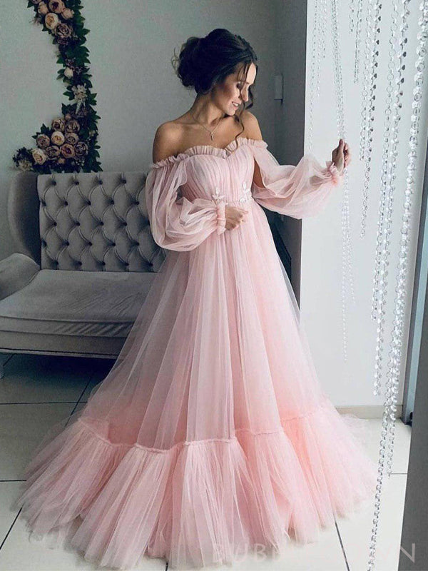 Long Sleeves Off Shoulder Pink Tulle Long Evening Prom Dresses, A-line Custom Prom Dress, MR8244