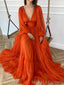 Deep V Neck Long Sleeves Long Evening Prom Dresses, A-line Orange Chiffon Custom Prom Dress, MR8245