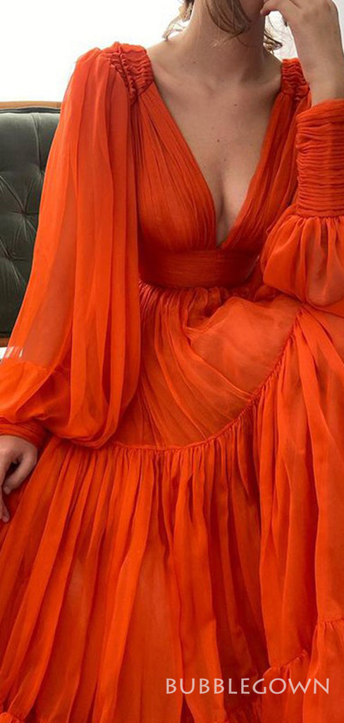 Deep V Neck Long Sleeves Long Evening Prom Dresses, A-line Orange Chiffon Custom Prom Dress, MR8245