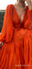 Deep V Neck Long Sleeves Long Evening Prom Dresses, A-line Orange Chiffon Custom Prom Dress, MR8245