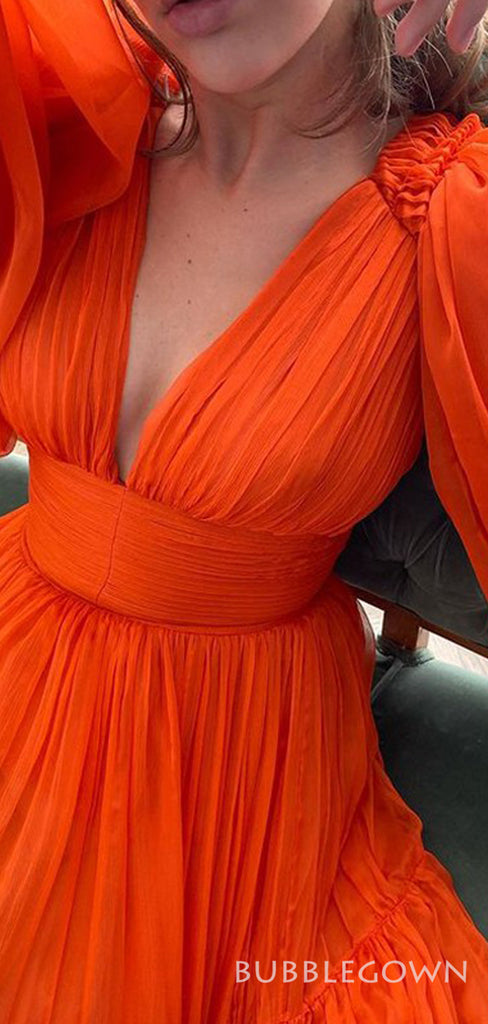 Deep V Neck Long Sleeves Long Evening Prom Dresses, A-line Orange Chiffon Custom Prom Dress, MR8245