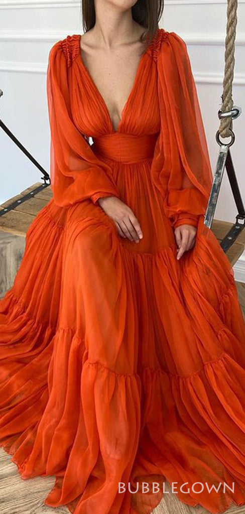 Deep V Neck Long Sleeves Long Evening Prom Dresses, A-line Orange Chiffon Custom Prom Dress, MR8245