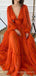 Deep V Neck Long Sleeves Long Evening Prom Dresses, A-line Orange Chiffon Custom Prom Dress, MR8245