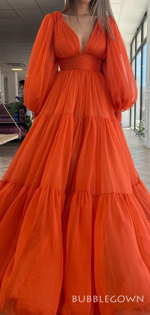 Deep V Neck Long Sleeves Long Evening Prom Dresses, A-line Orange Chiffon Custom Prom Dress, MR8245