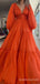 Deep V Neck Long Sleeves Long Evening Prom Dresses, A-line Orange Chiffon Custom Prom Dress, MR8245