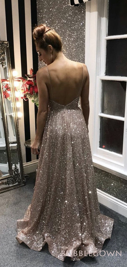 Spaghetti Atraps Gold Sequin Sparkly Long Evening Prom Dresses, A-line Backless Custom Prom Dress, MR8250