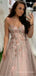 A-line Pink Tulle Appliques Long Evening Prom Dresses, Spaghetti Straps Custom Prom Dress, MR8253