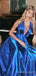 A-line Royal Blue Satin Long Halter Evening Prom Dresses, Deep V Neck Custom Prom Dress, MR8255