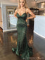 Dark Green Sequin Long Backless Evening Prom Dresses, Spaghetti Straps Mermaid Custom Prom Dresses, MR8264