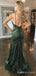 Dark Green Sequin Long Backless Evening Prom Dresses, Spaghetti Straps Mermaid Custom Prom Dresses, MR8264