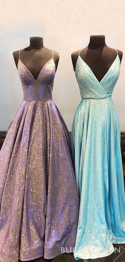 Spaghetti Straps V Neck Sparkly Long Evening Prom Dresses, A-line Custom Prom Dresses, MR8265