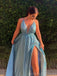 A-line Blue Sparkly Long Evening Prom Dresses, Spaghetti Straps Backless Custom Prom Dresses, MR8267