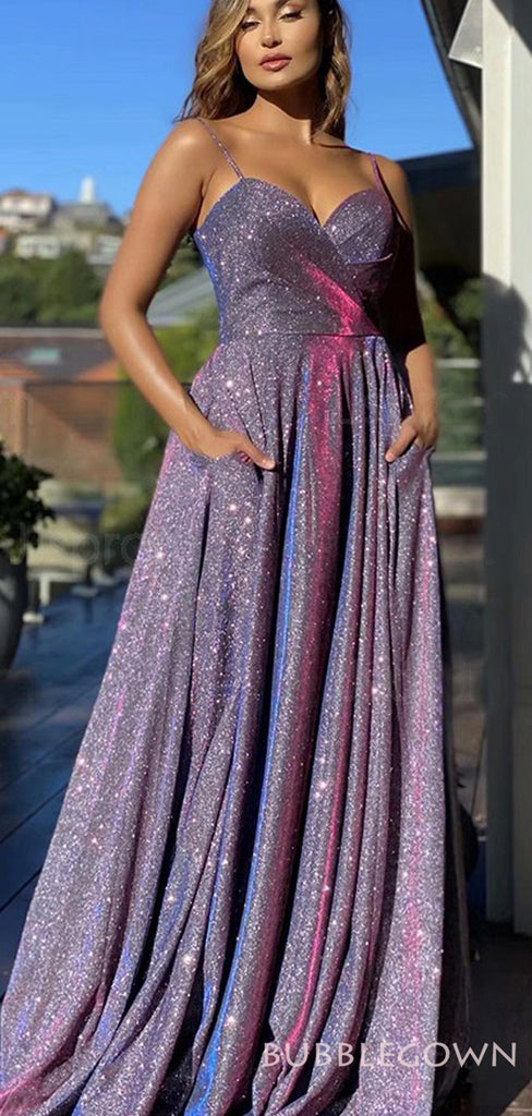 Spaghetti Straps A-line Long Evening Prom Dresses, Sparkly Sweetheart Custom Prom Dresses, MR8271