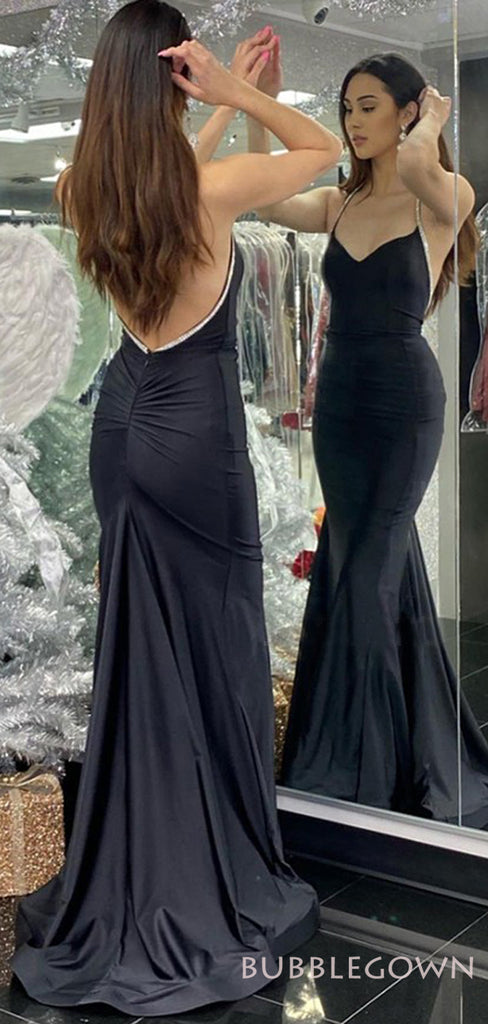 Mermaid Black Long Evening Prom Dresses, Spaghetti Straps Sweetheart Custom Prom Dresses, MR8274