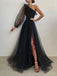 One Shoulder Black Tulle Long Evening Prom Dresses, A-line Long Sleeves Custom Prom Dress, MR8277