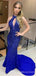 Mermaid Royal Blue Satin Beaded Long Evening Prom Dresses, Halter Custom Prom Dresses, MR8279