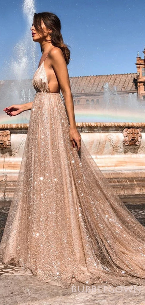 Deep V Neck Gold Sequin Long Evening Prom Dresses, Spaghetti Straps A-line Sparkly Custom Prom Dresses, MR8287