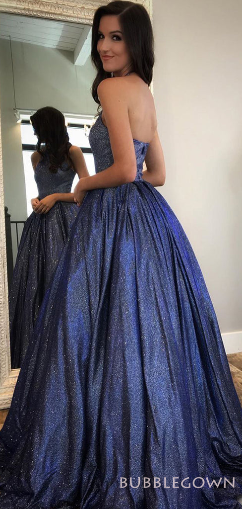 Navy Blue Sparkly Long Evening Prom Dresses, A-line Halter Custom Prom Dresses, MR8288