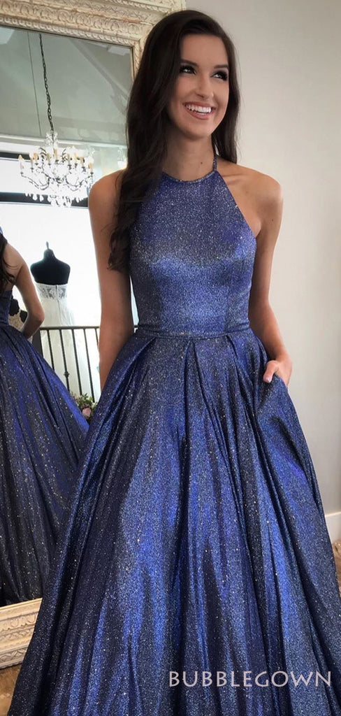 Navy Blue Sparkly Long Evening Prom Dresses, A-line Halter Custom Prom Dresses, MR8288