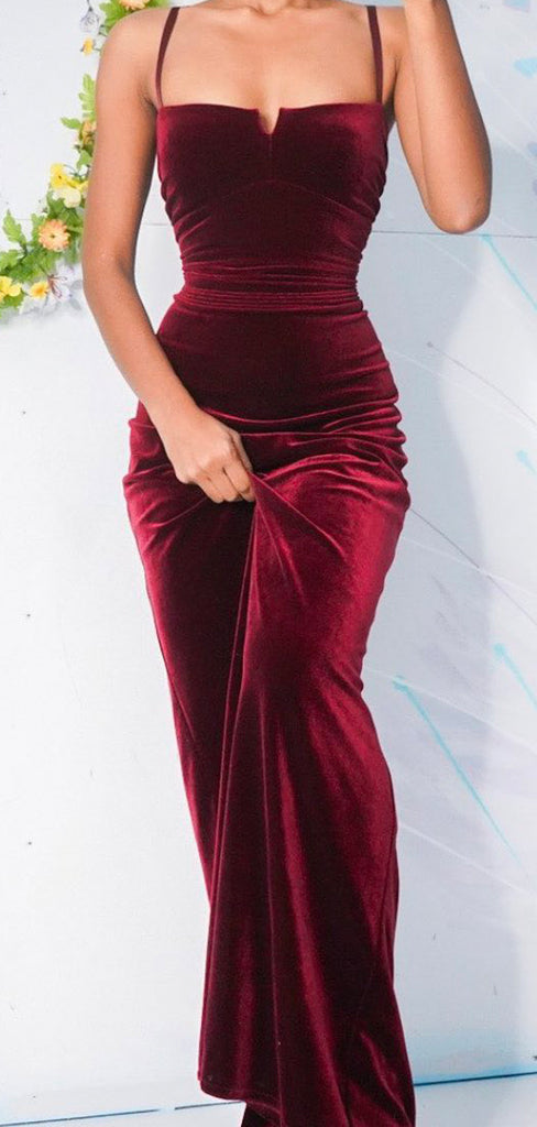 Simple Burgundy Velvet Spaghetti Straps Mermaid Long Evening Prom Dresses, Custom Prom Dress, MR8708