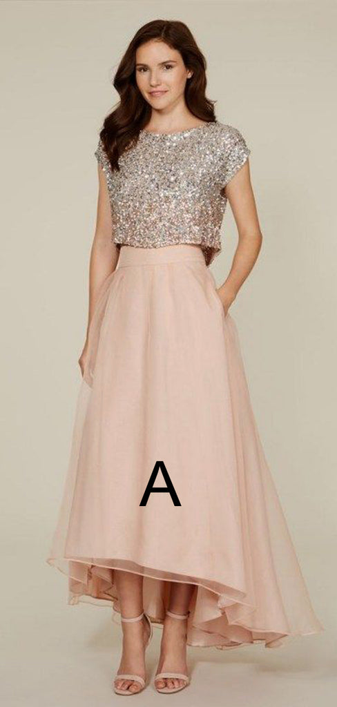 Two Pieces Cap Sleeve Sequin Top Organza Long Bridesmaid Dresses, BG51362