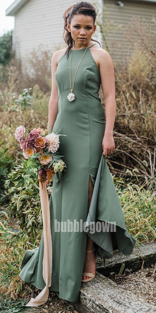 Dark Green Halter Split Side  Long Bridesmaid Dresses BMD011