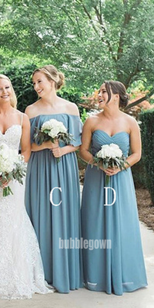 Blue Mismatched Styles A-line Chiffon Long Bridesmaid Dresses BMD014