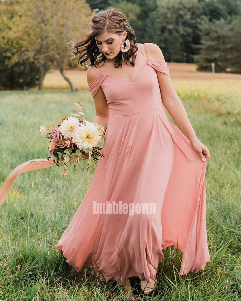 Charming Pink V-neck Spaghetti Strap Chiffon Long Bridesmaid Dresses BMD019