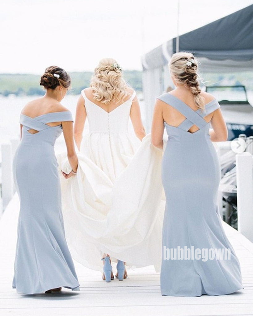 Sky Blue Cap Sleeve Mermaid Side Split Long Bridesmaid Dresses  BMD025