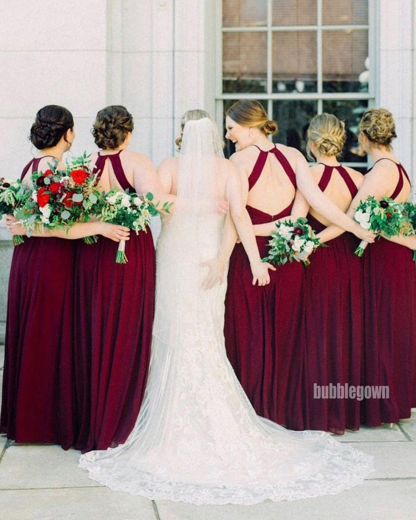 Elegant Halter Burgundy Chiffon Long Bridesmaid Dresses, BMD048