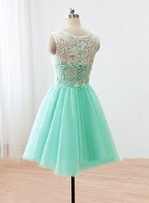 Mint Lace Top Tulle Junior Cheap Short Bridesmaid Dresses, BG51405